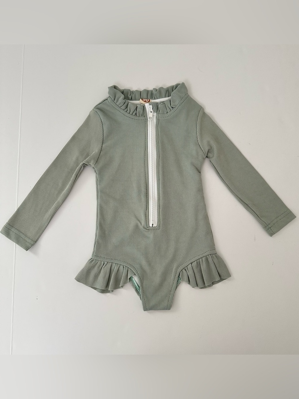 NWOT Baby Girl Long-Sleeve Sage Green‎ Ruffle Swim Rashguard One-Piece